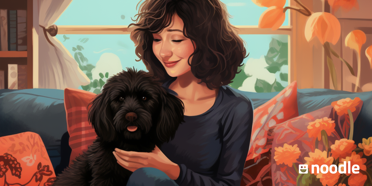 An illustrated image of a pet sitter and a black dog sitting on a couch. 