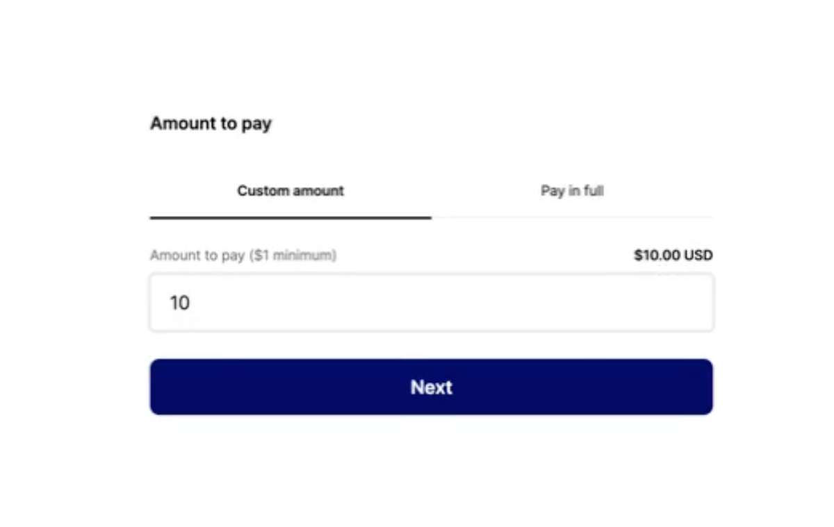 screen with payment options custom amount and pay in full on Noodle's platform
