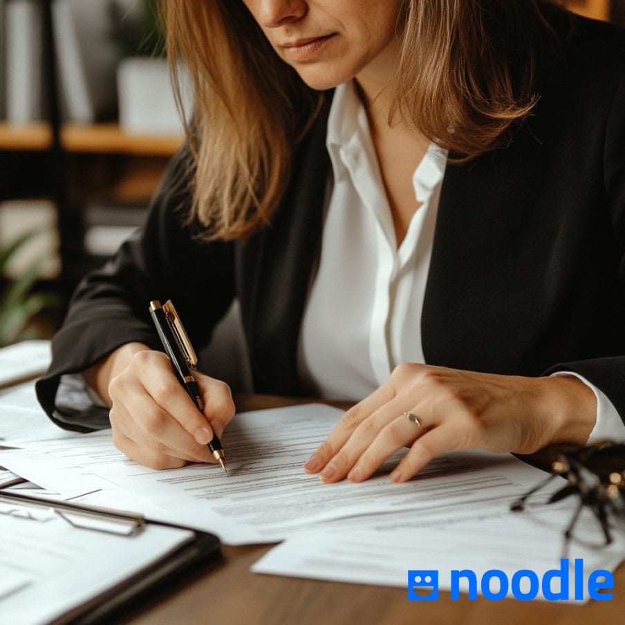 a woman lawyer sits down at a desk to fill out a stack of paper 